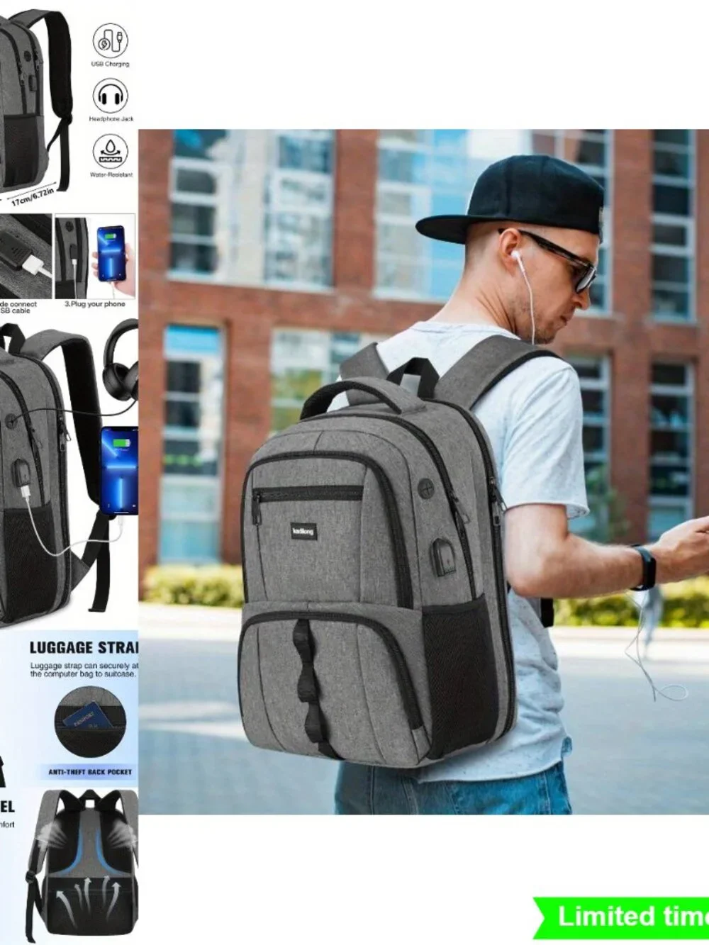 Grey Backpack with Adjustable Shoulder Straps, Zipper Closure, Multiple Pockets